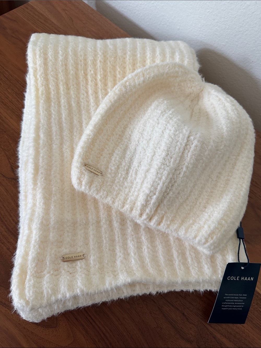 Cole Haan Cream Ribbed Knit Scarf and Beanie Set